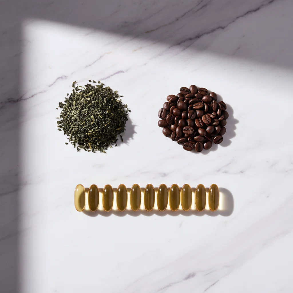 Natürliche Zutaten: Grüntee, Kaffeebohnen, Vitamin-Kapseln - flacher Overhead-Shot auf weißem Marmor
