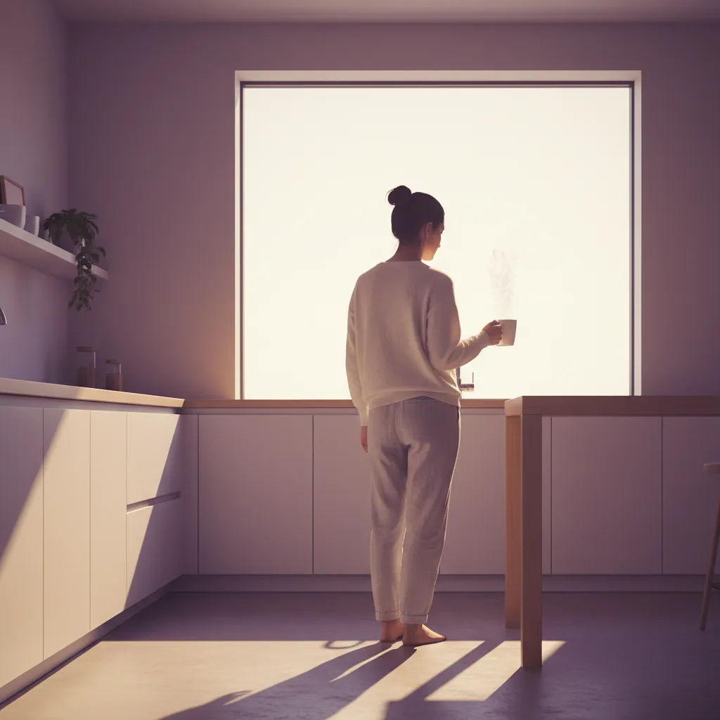 Person von hinten hält eine dampfende Kaffeetasse am Küchenfenster - aktiver Morgen Alltagsroutine gesunder Stoffwechsel